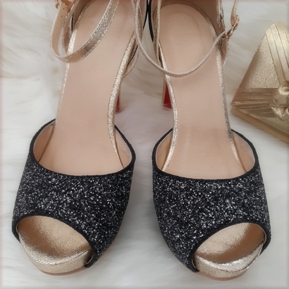 BLACK & GOLD Open Toe Ankle Strap Heels - Picture 3 of 7